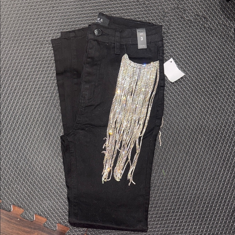 AKIRA Black Skinny Jeans with Rhinestone Fringe